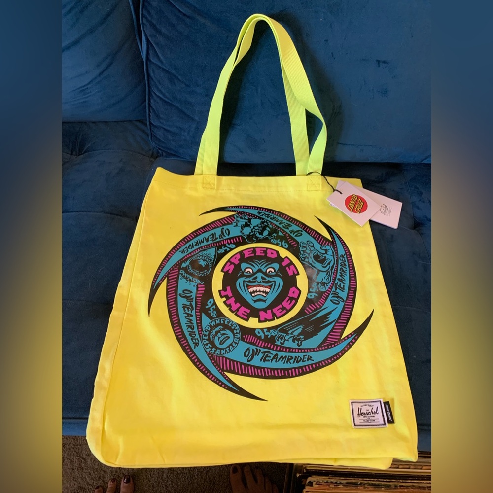 Herschel Santa Cruz Neon Yellow Speed is the Need Large Tote Shopping Bag NWT
